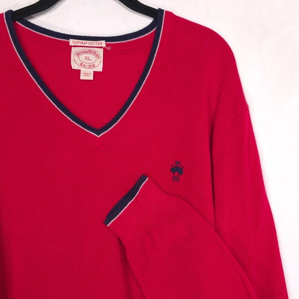 VTG Brooks Brothers Knit Pullover Sweater Men’s XL Red Supima Cotton V Neck Logo - Picture 7 of 9